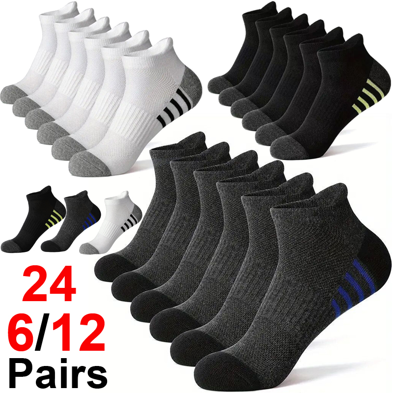 Outdoor Sport Hose - 6/12/24 คู่ถุงเท้ากีฬาผู้ชายระบายอากาศได้ดีสบายสีดำสีขาวพักผ่อนกลางแจ้งขนาดพลัส EU39-46 ถุงเท้าสั้นสำหรับชาย
