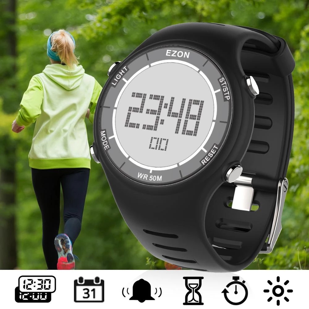 Outdoor Sport Watch - EZON ใหม่แฟชั่นผู้หญิงนาฬิกาสปอร์ตดิจิตอลสําหรับวิ่งกลางแจ้งพร้อมนาฬิกาปลุกนาฬิกาจับเวลานับถอยหลังกันน้ํา 50 M L008