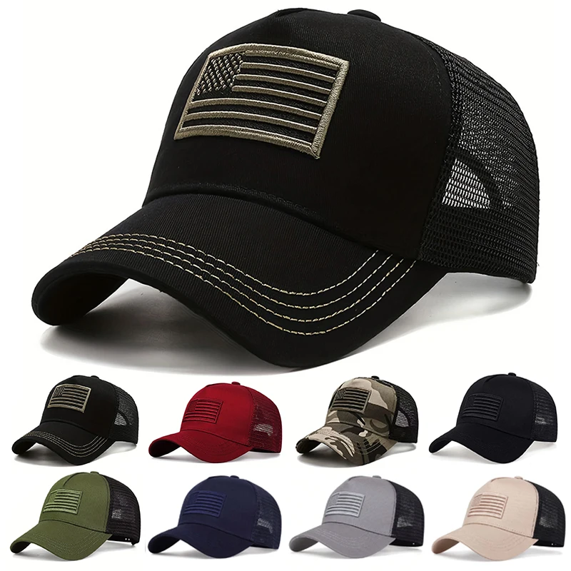 Outdoor Sport Usa - หมวกเบสบอลตาข่ายลายธงชาติสหรัฐอเมริกา หมวกฤดูร้อนระบายอากาศได้ดี สำหรับผู้ชาย ผู้หญิง หมวกยุทธวิธี หมวกฮิปฮอป