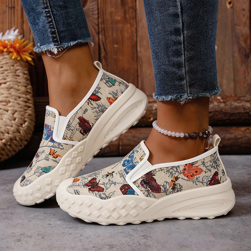 Outdoor Sports Shoes - รองเท้าผู้หญิง ใส่สบาย ระบายอากาศได้ดี รองเท้าลำลองสำหรับเล่นกีฬากลางแจ้ง พื้นหนา รองเท้าผ้าใบพิมพ์ลายวินเทจ